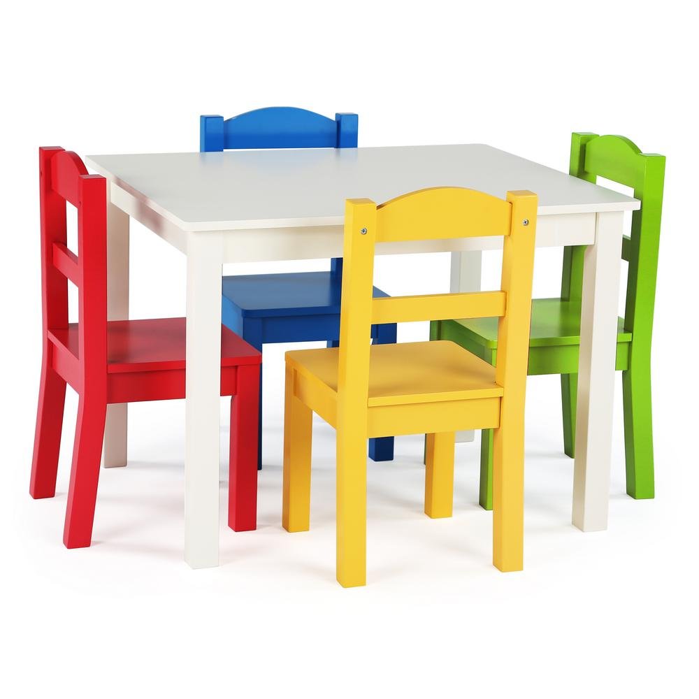 Humble Crew Kids Wooden Table and 4 Chairs Set, White/Primary - Kids Table and Chair Set for Toddlers and Children for Arts, Cra