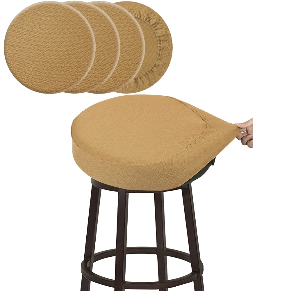 Buyue 4 Pcs Bar Stool Covers, Luxury Fabric Dia.12-14' Round Stretchy Crease-Resistant Washable Jacquard Dustproof Stool Seat Slipcover, S-Ocher-Set Of 4