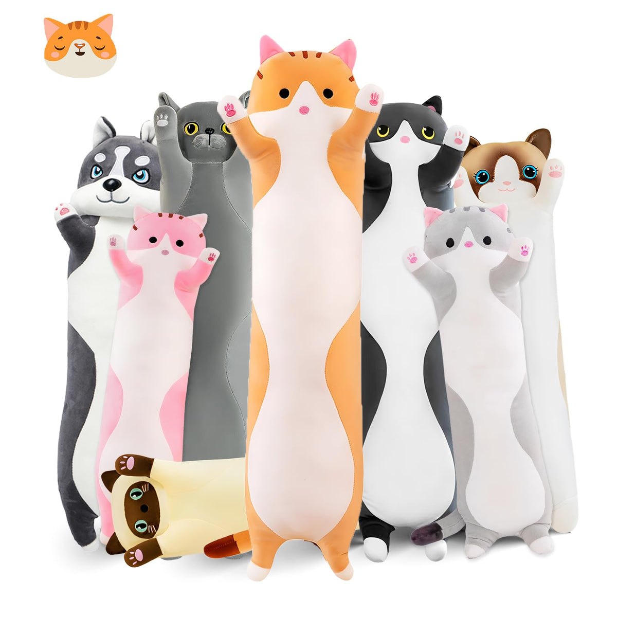 NXNYNZ Long Cat Plush Pillow, 19.6in Cute Cat Plushie Stuffed Animals Body Pillow, Yellow Kawaii Kitten Soft Plushie Doll Toy Bi