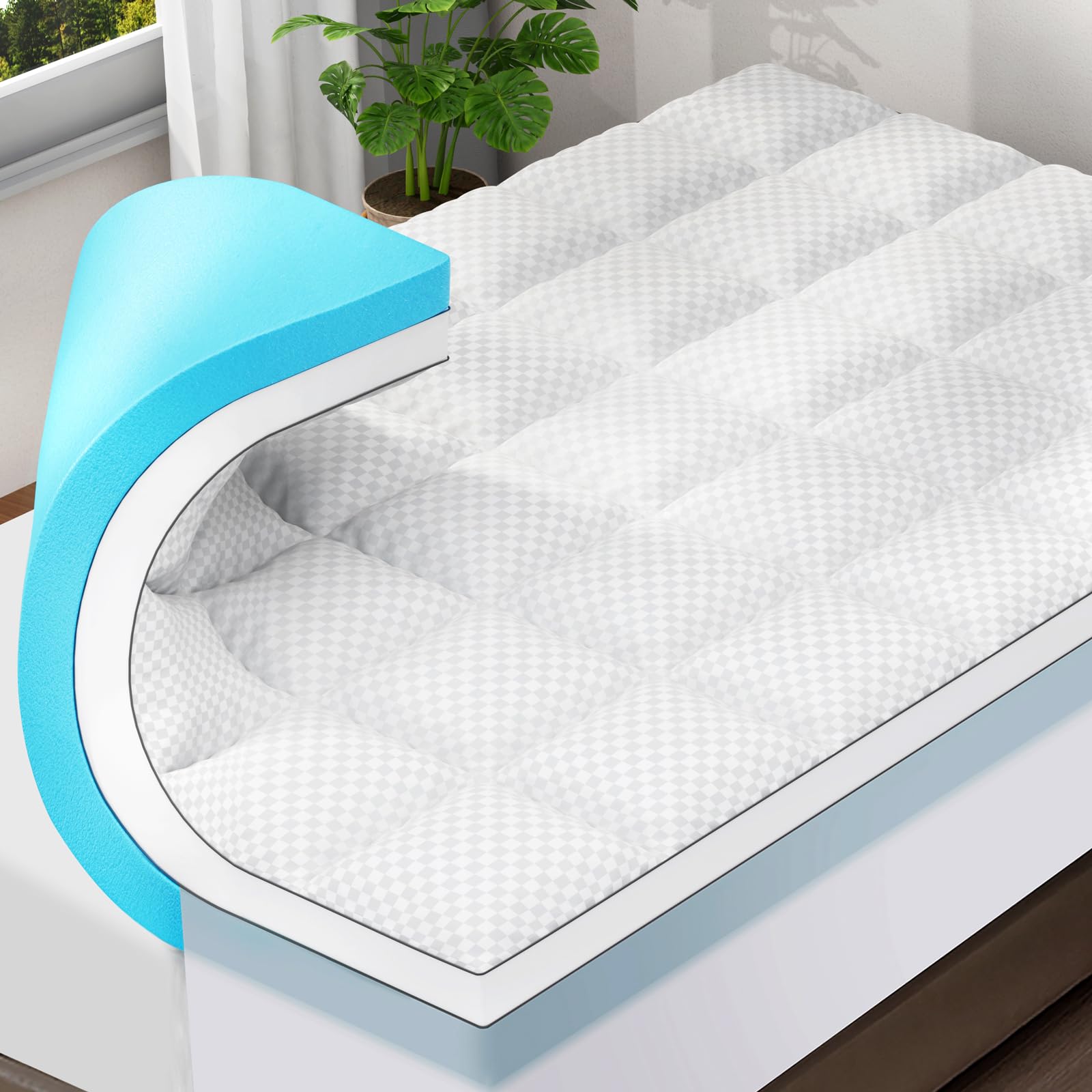 OLANLY Queen Size 4 Inch Dual-Layer Memory Foam Mattress Topper, 2 Inch Cooling Pillow Top, Gel Foam, Deep Elastic Pocket, White