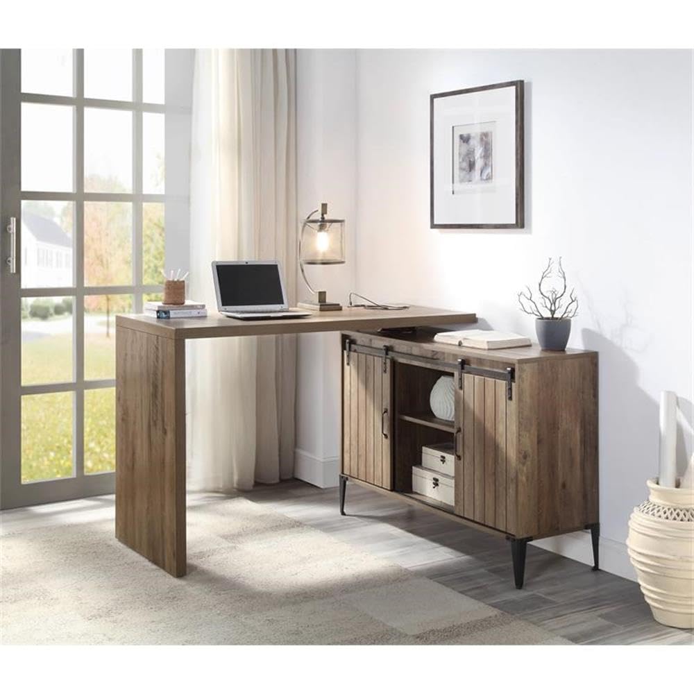 Acme Zakwani Wooden Storage Writing Desk with USB Port in Rustic Oak and Black