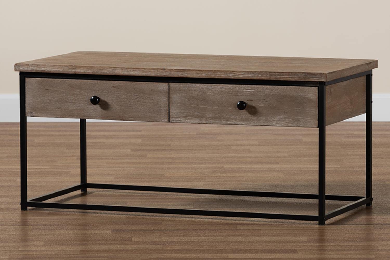 Baxton Studio Roderick Modern and Contemporary Weathered Oak Finished Wood and Black Metal 2-Drawer Coffee Table