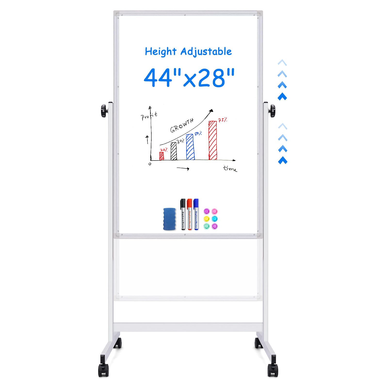 Maxtek Rolling White Board, 44 X 28 Height Adjustable Whiteboard On Wheels, Large Magnetic Standing Mobile Easel Board, Double-S