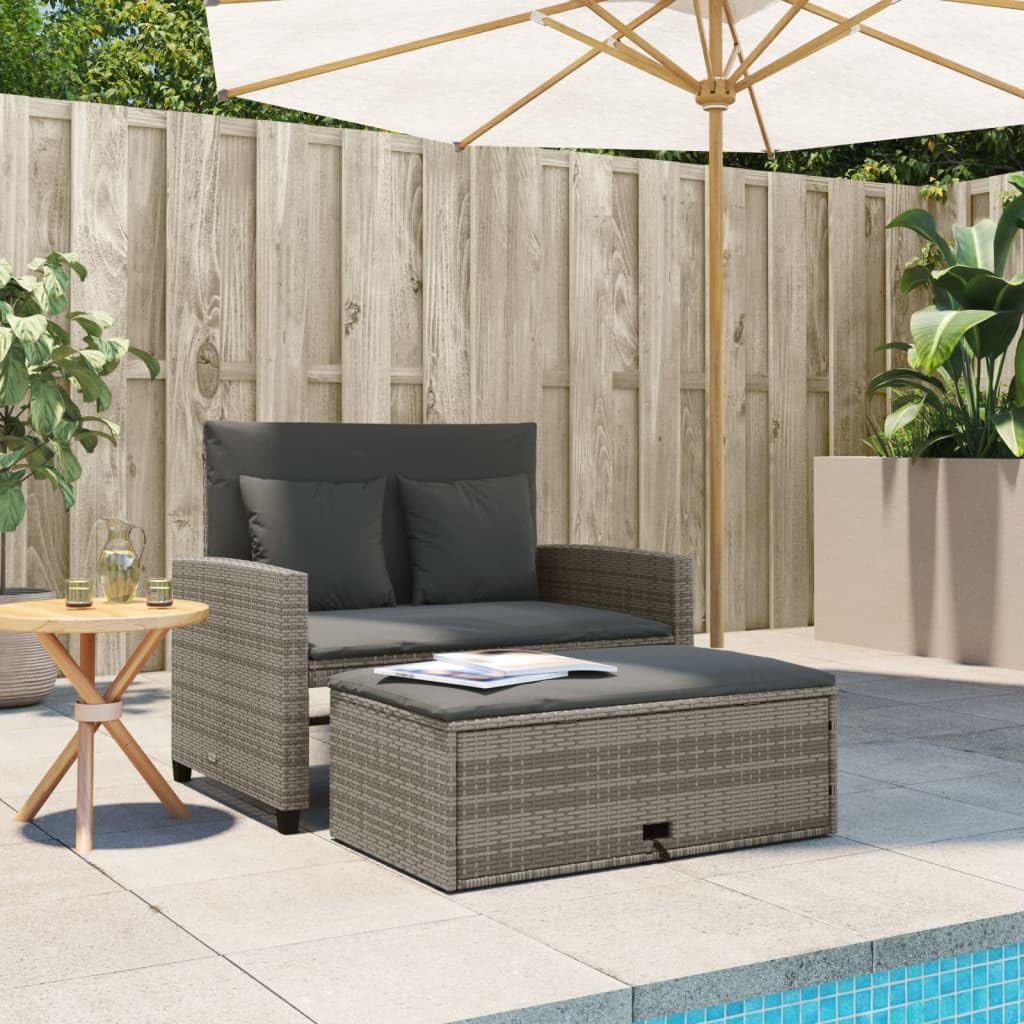 vidaXL Patio Sofa with Cushions - 2-Seater Storage Garden Bench Gray Poly Rattan - Comfortable Outdoor Furniture, Reclining Functionality, with Footstool and Cushions - for Patio, Deck, Garden, Lounge
