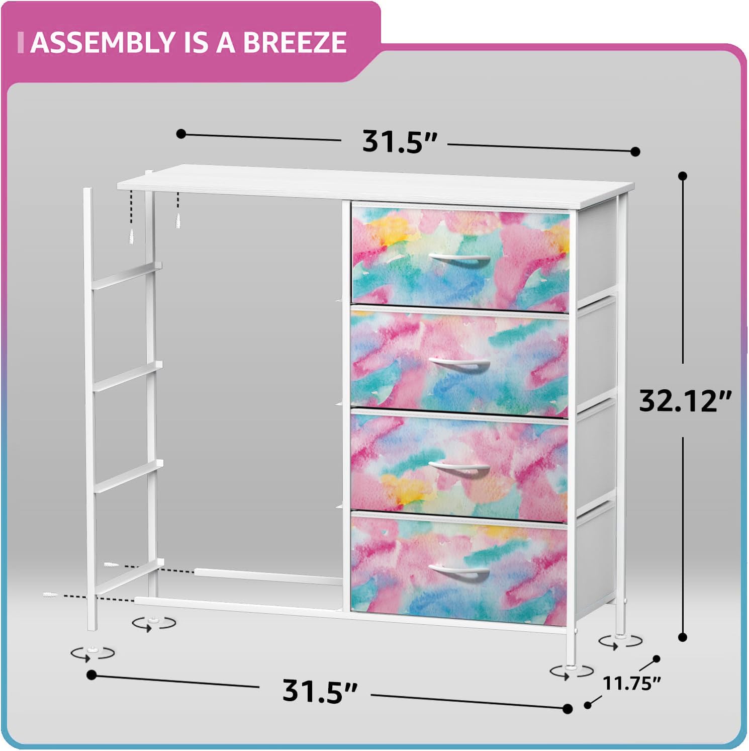 Sorbus Kids Dresser With 8 Drawers - Storage Chest Organizer Unit Nightstand - Steel Frame, Wood Top, Tie-Dye Fabric Bins For Clothes - Wide Furniture For Bedroom, Hallway, Nursery, Closet, Apartment