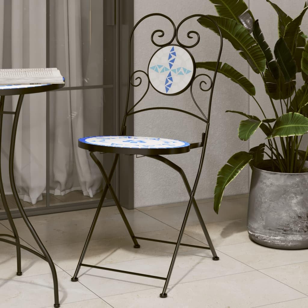vidaXL Bistro Chairs - Foldable Ceramic Seating - 2 pcs Blue & White Mosaic - for Garden/Patio/Indoor - 15" x 17.9" x 35.2"