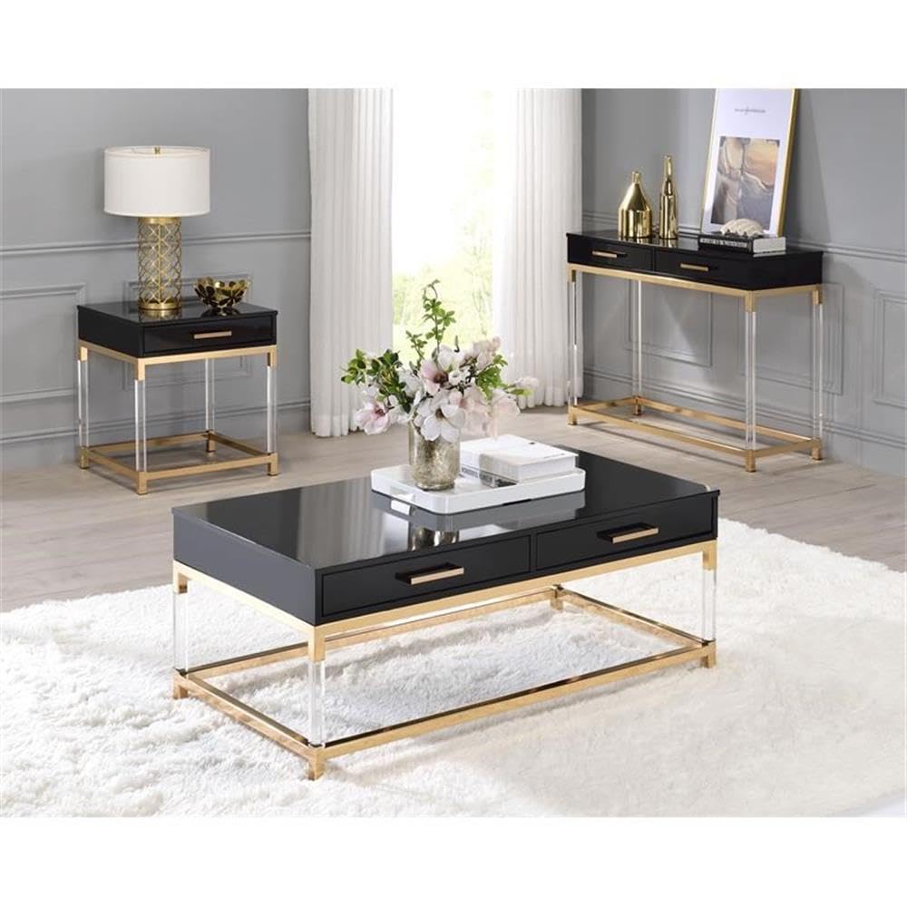Acme Adiel 2 Drawers Wooden Console Table With Metal Base In Black And Gold