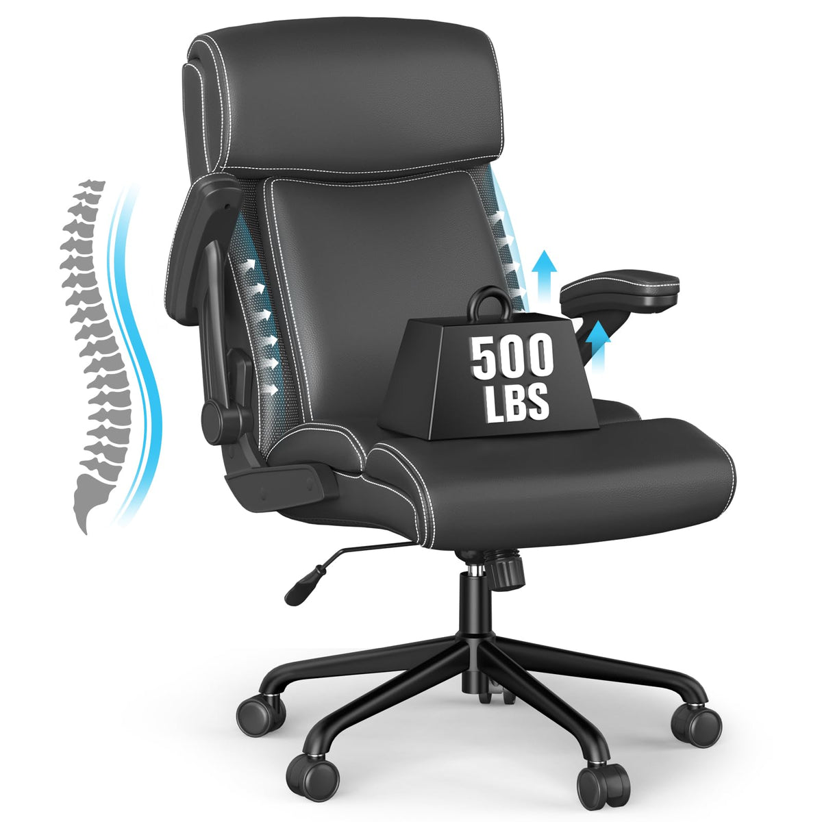 Big And Tall Office Chair, 500Lbs For Heavy People, High Back Leather Executive Desk Chair With Flip-Up Armrests And Adjustable