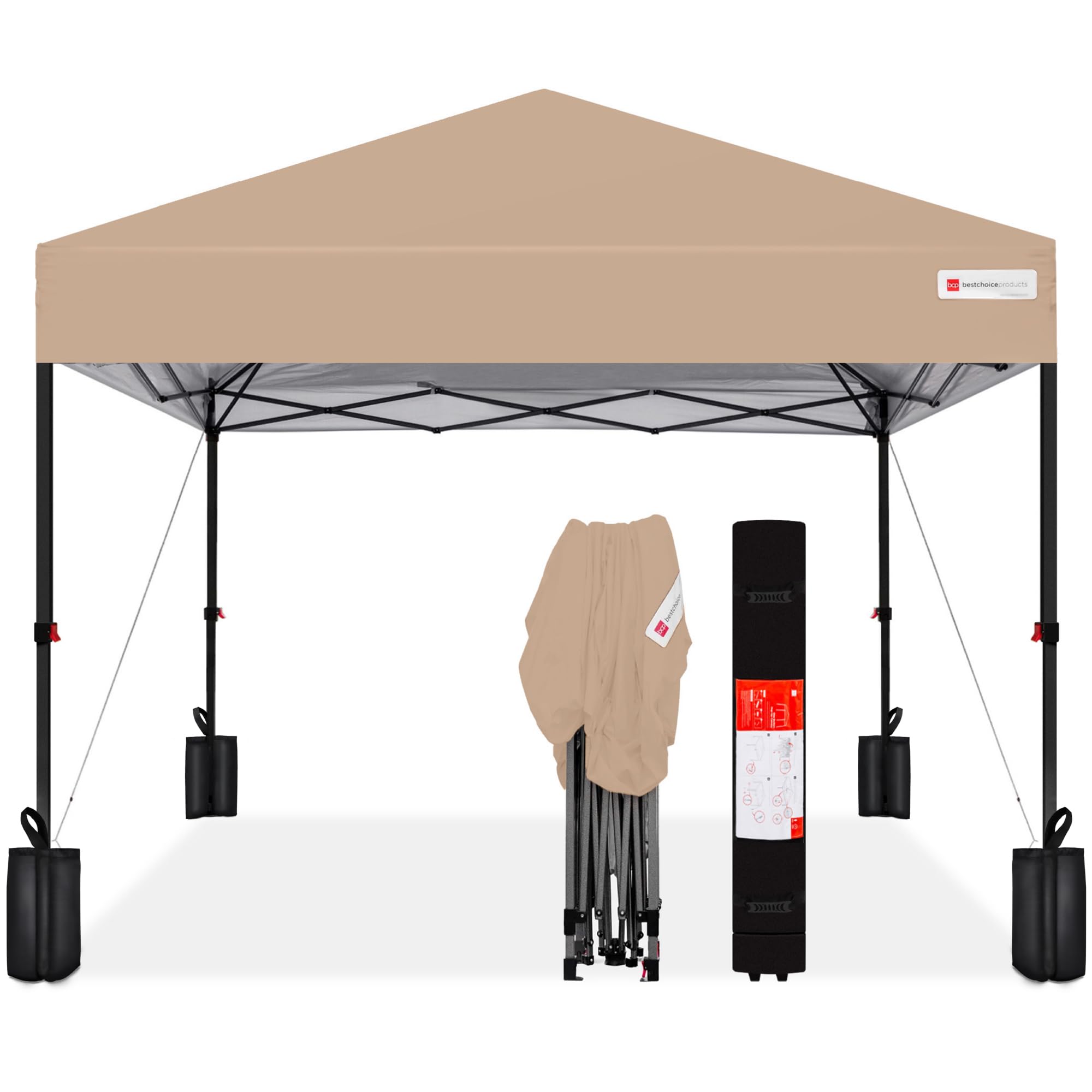 Best Choice Products 8x8ft Pop Up Canopy Tent, Outdoor Shade, 1 Person 1 Minute Set Up, Carry Case, 4 Weight Bags - Tan
