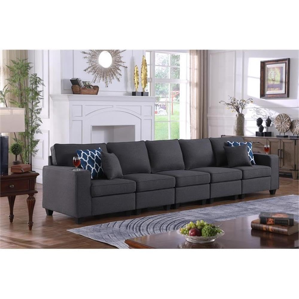 Lilola Home Cooper Light Gray Linen 5-Seater Sofa with Cupholder