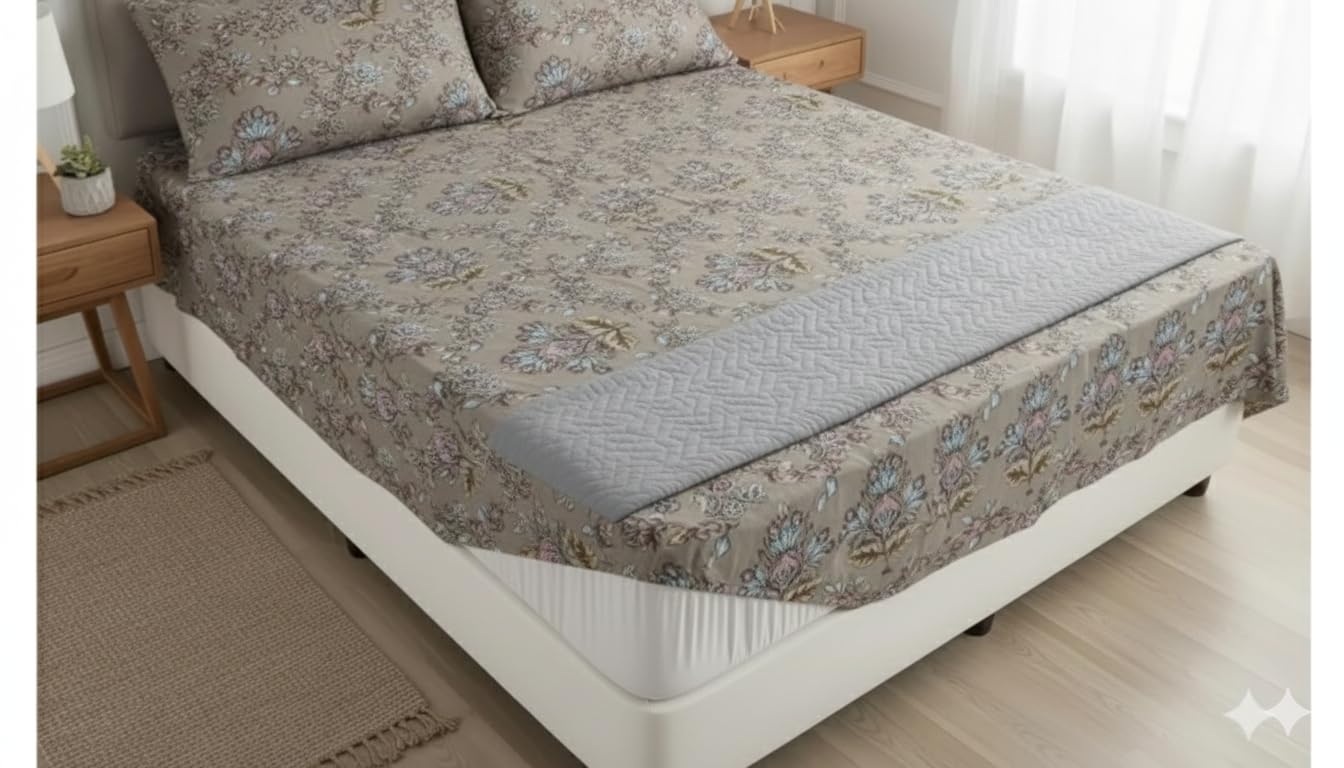 Vintage Floral Elastic Bedsheet Set, Cotton Blend, Grey With Pastel Print, 3Piece Queen Size With Quilted Border, Matching Pill