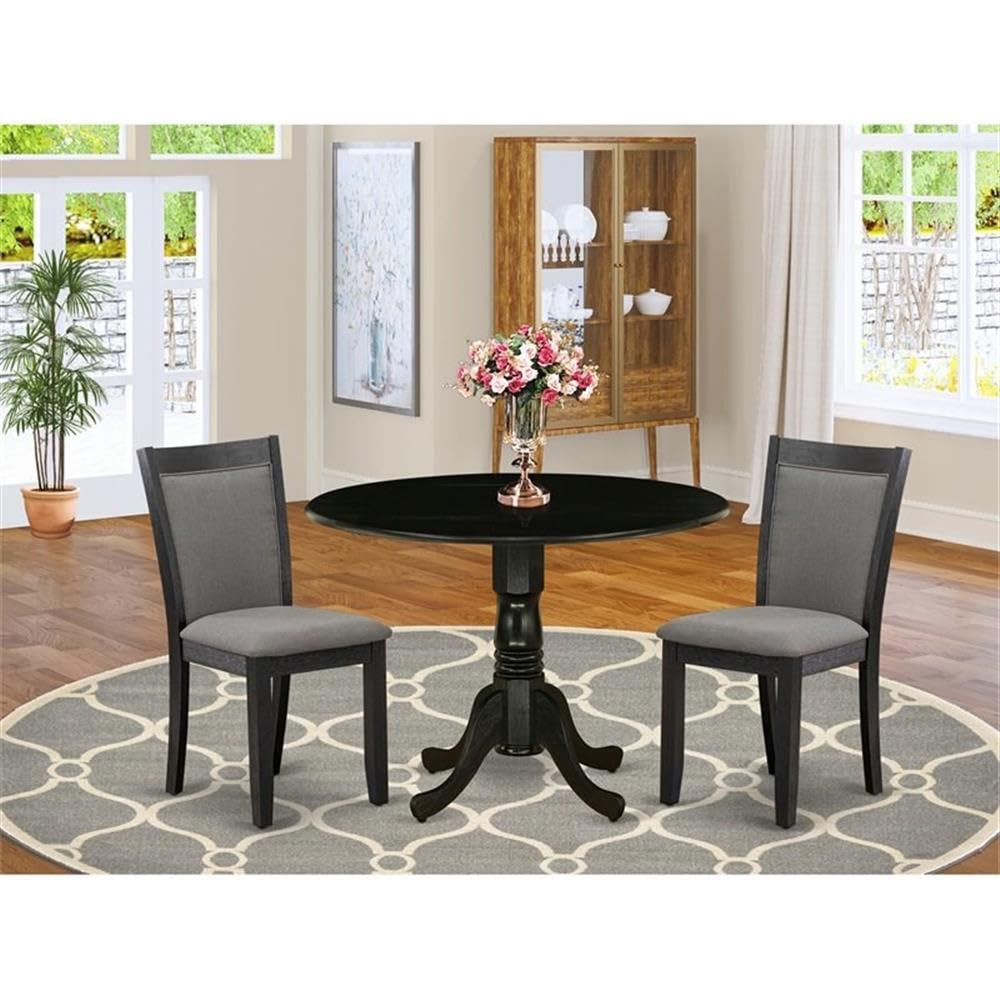 East West Furniture DLMZ3-AB6-50 3 Piece Dining Table Set Contains a Round Dining Room Table with Dropleaf and 2 Dark Gotham Grey Linen Fabric Upholstered Chairs, 42x42 Inch, Wirebrushed Black