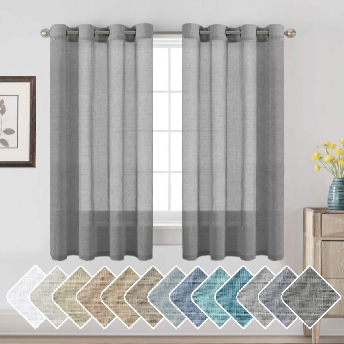 H.Versailtex Linen Semi Sheer Curtains 63 Pair Set Linen Textured Sheer Curtains Nickel Grommet Window Treatment Panels For Bedr