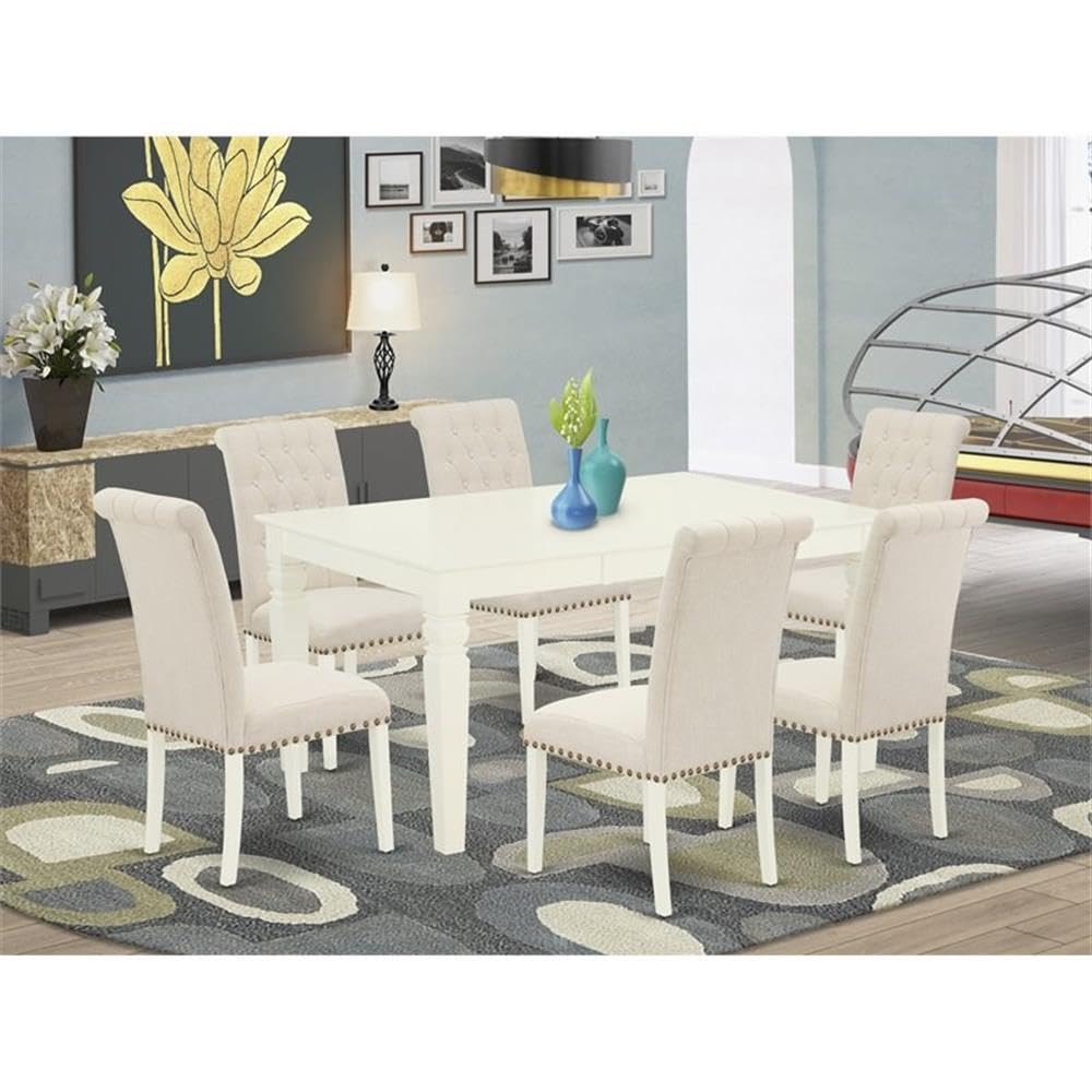 East West Furniture Webr7-Whi-02 7 Piece Kitchen Table Set Consist Of A Rectangle Dining Table With Butterfly Leaf And 6 Light Beige Linen Fabric Parson Chairs, 42X60 Inch, Linen White