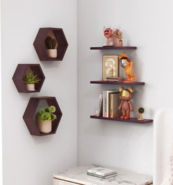 Livingloom Engineered Wood Woden Hexagonal Shape Wall Hanging Rack Floating Shelves For Display For Photos,Plants Living Room, B