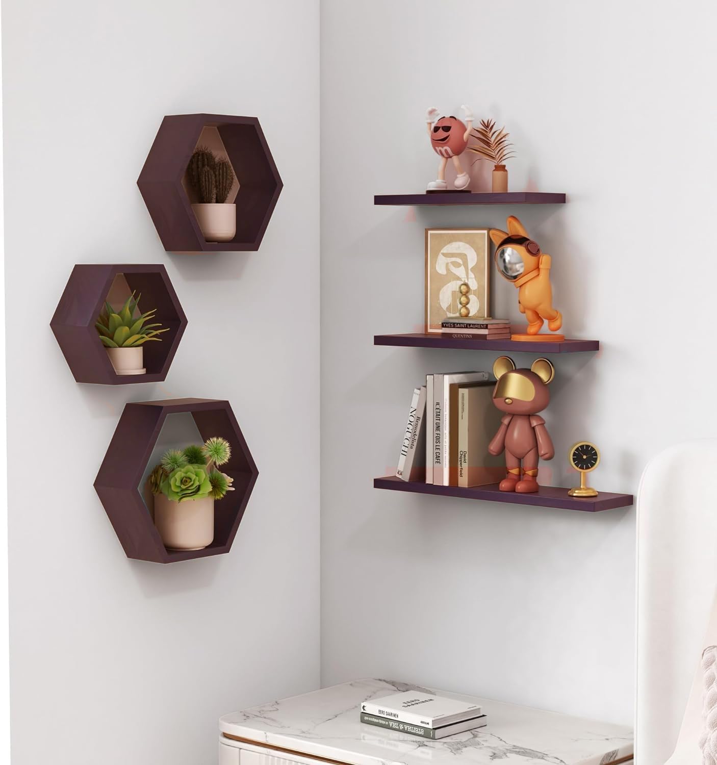 Livingloom Engineered Wood Woden Hexagonal Shape Wall Hanging Rack Floating Shelves For Display For Photos,Plants Living Room, B