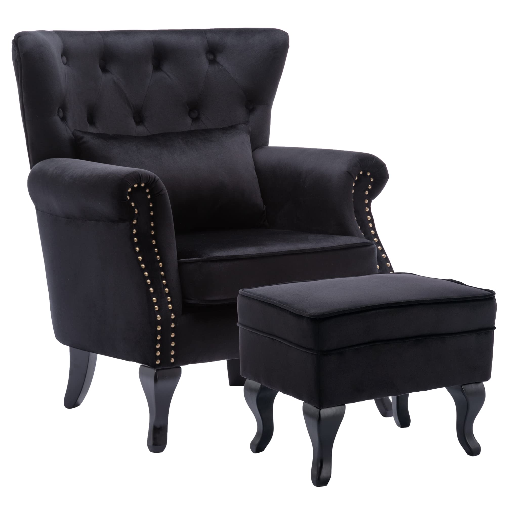 Chairus Mid-Century Modern Accent Chair With Ottoman, Comfy Velvet Single Sofa Chair Button Tufted Wingback Armchair With Pillow