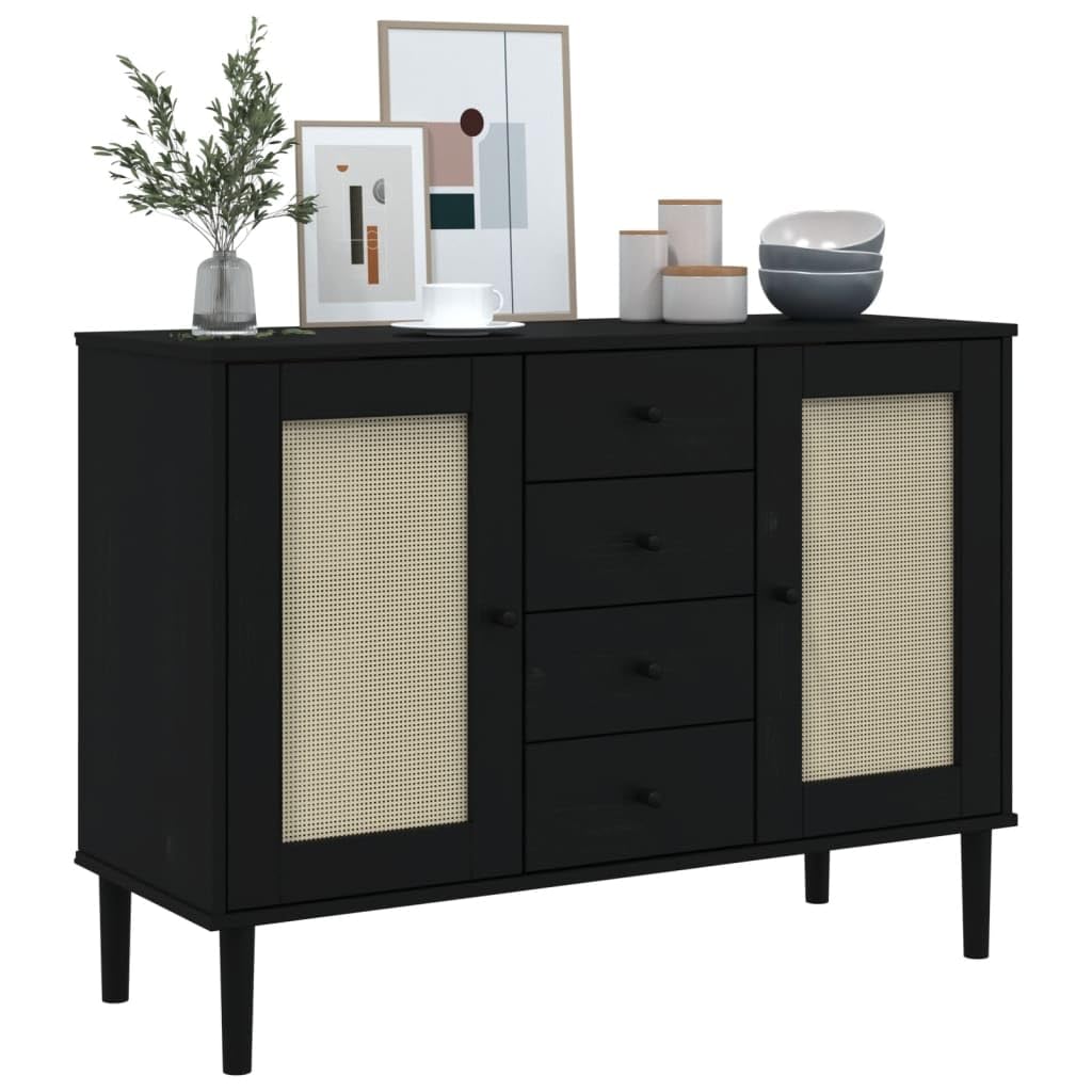 vidaXL Sideboard SENJA - Black Solid Pine Wood with Rattan Look Surface and UV Varnish Finish, Comes with 4 Drawers and 4 Compartments