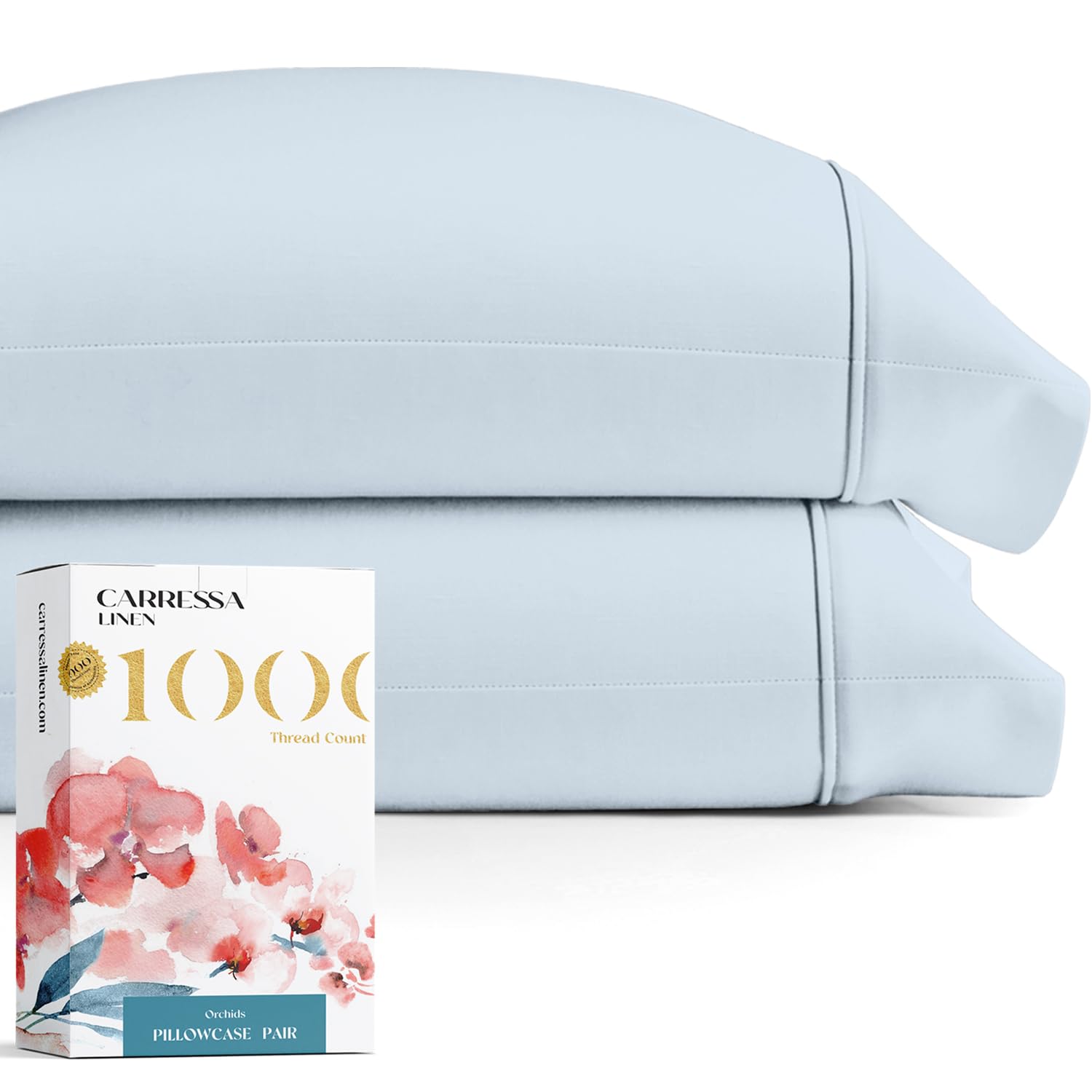 1000 Thread Count Egyptian Cotton Pillow Cases, Light Blue King Pillowcase Set Of 2, Longstaple Combed Pure Natural Cotton Pillo