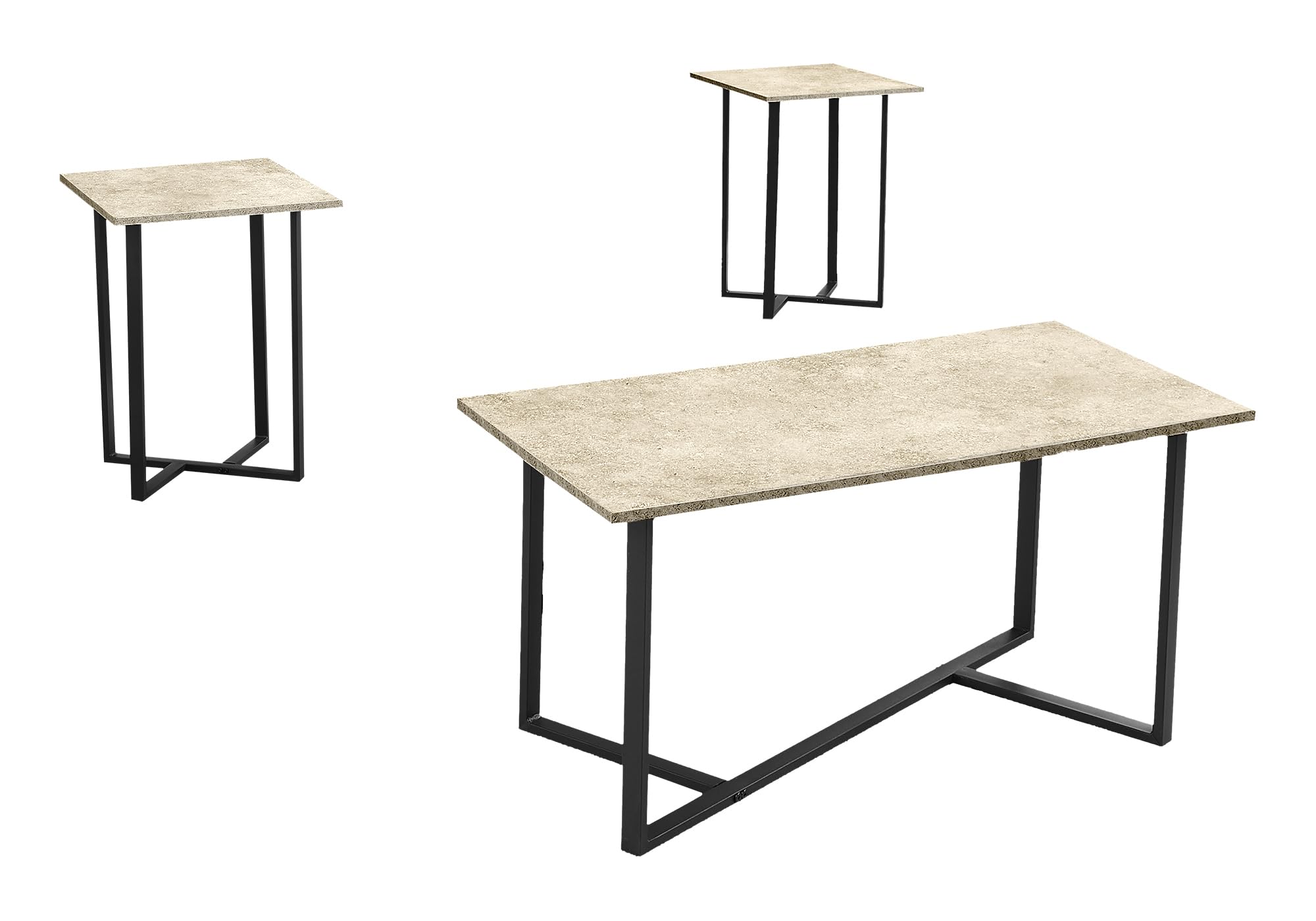 Monarch Specialties I 7974P Table Set, 3pcs Set, Coffe, Cream Stone Laminate, Black Metal, Contemporary