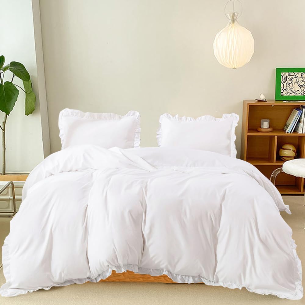 CLOTHKNOW California King Comforter Set White 3Pcs Ruffles Bedding Comforter Sets Shabby Chic Comforter Soft Vintage Rustic Whit