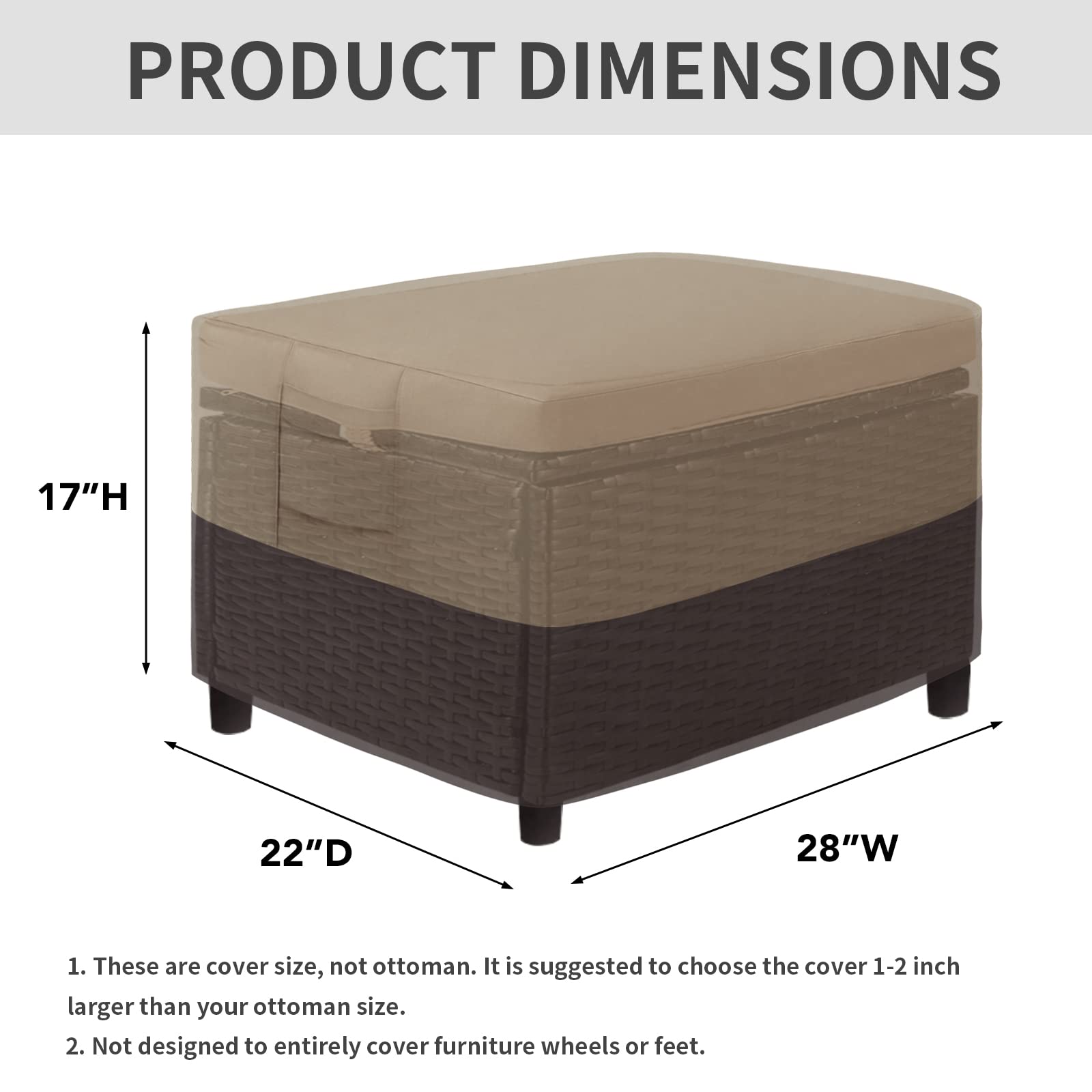 Easy-Going Outdoor Ottoman Cover, Waterproof Patio Ottoman Cover, Heavy Duty Outdoor Furniture Cover With Padded Handles (28'X22'X17', Gray/Black)