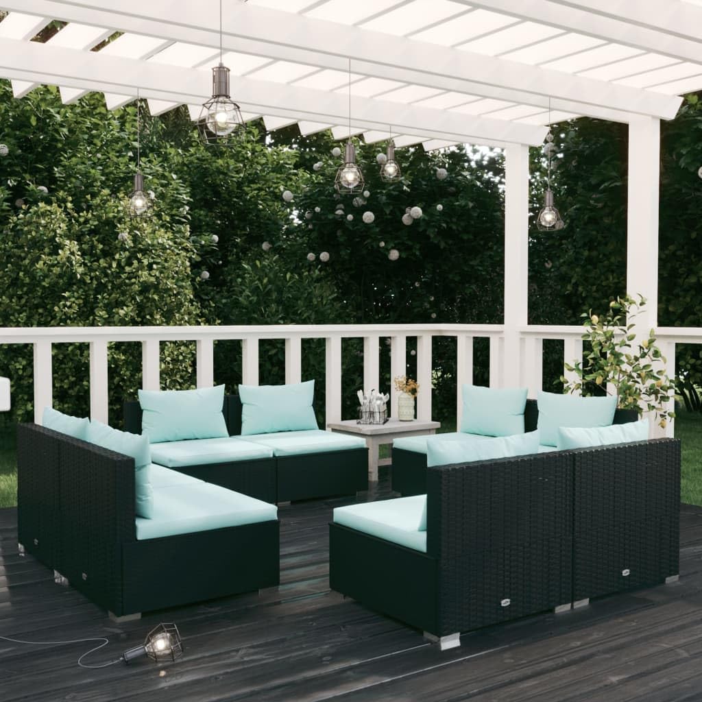 vidaXL Patio Lounge Set 8 Piece Modular Poly Rattan Black with Aqua Cushions for Garden, Deck, Poolside