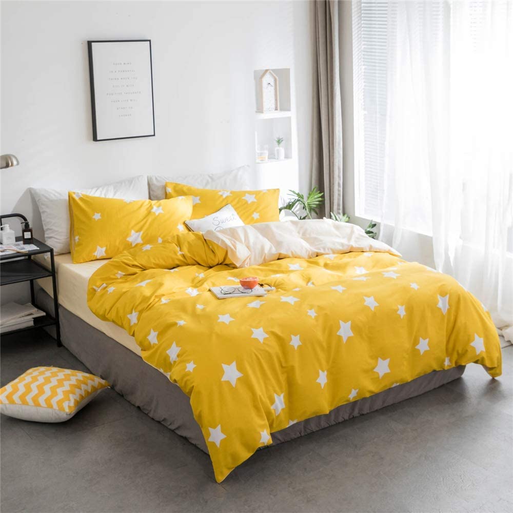 Linenovation All Season Microfiber Reversable Duvet/Ac Comforter/Quilt  Yellow Star Print  Double Size 90 Inch X 100 Inch