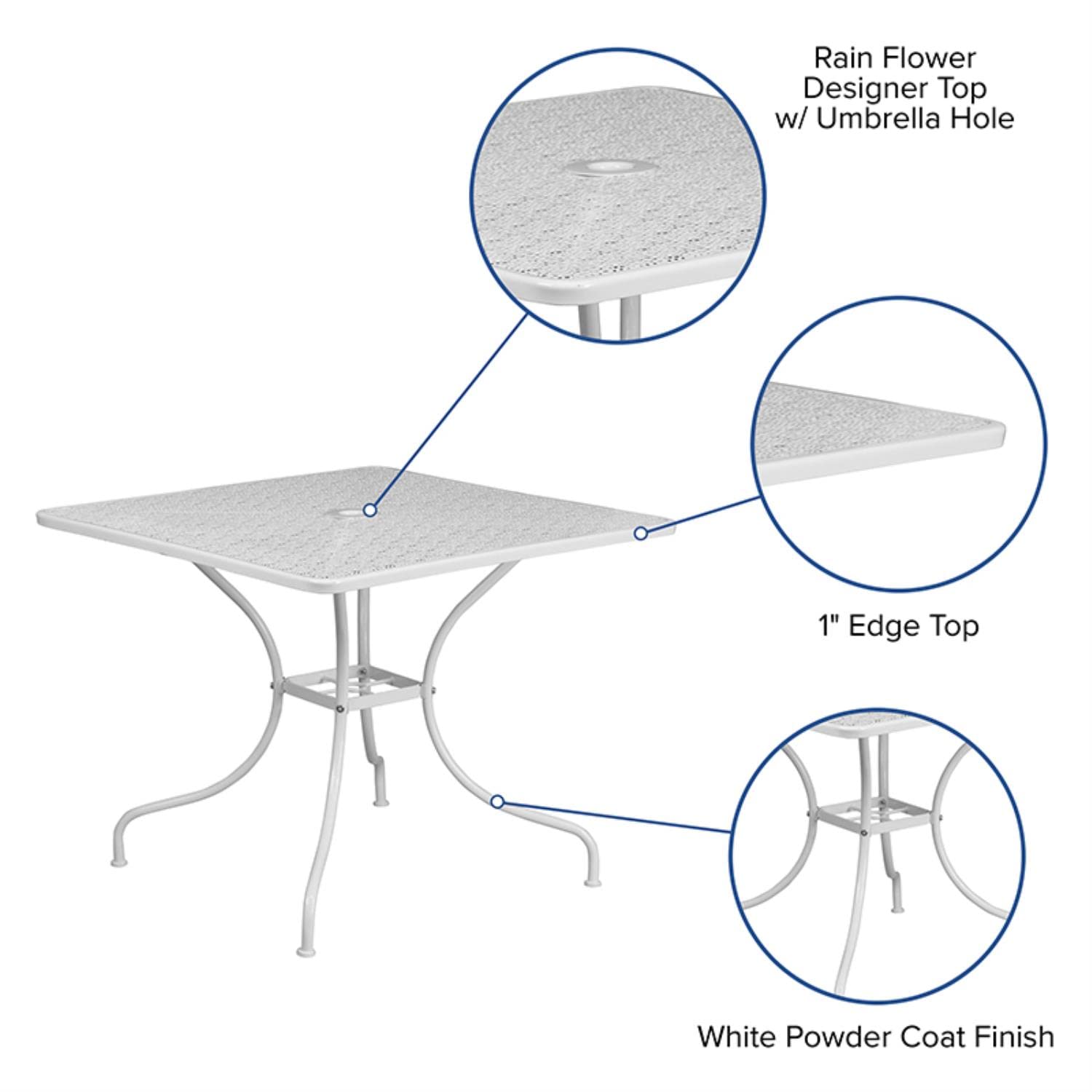Flash Furniture Oia Commercial Grade 35.5" Square White Indoor-Outdoor Steel Patio Table with Umbrella Hole