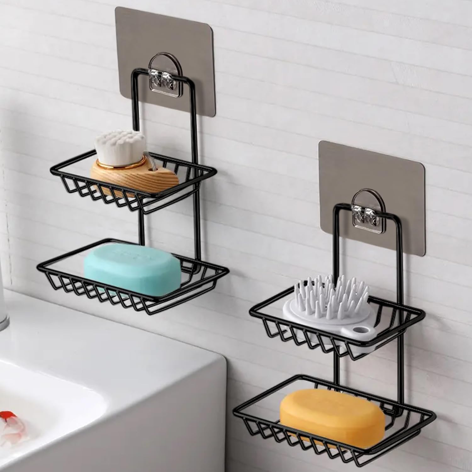Combo Stainless Steel Black Soap Stand Holder (Pack Of 2) | SelfAdhesive Bathroom Shelf WallMounted Organizer & Washroom Acces