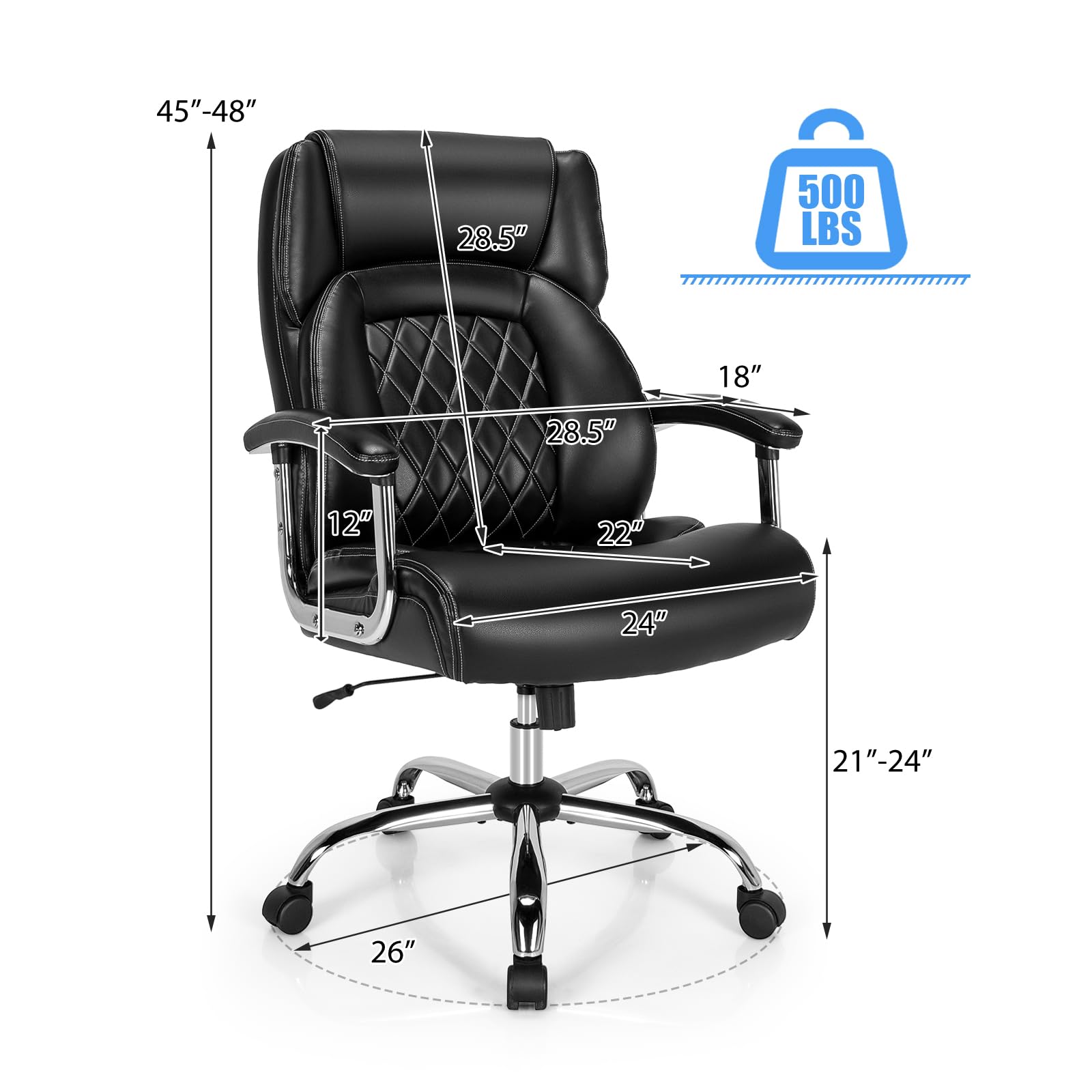 Powerstone Big And Tall Office Chair - 500Lbs High Back Executive Desk Chair Adjustable Pu Leather Computer Chair Home Office Extra Wide Swivel Task Chair For Heavy People Adults Black