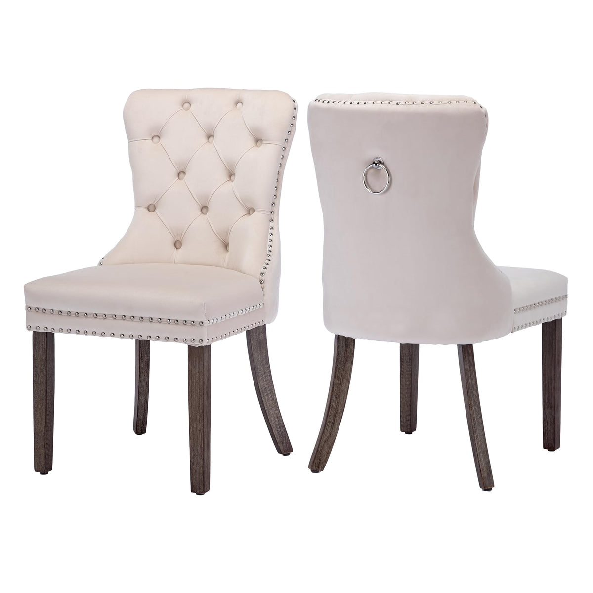 Goolon Dining Room Chairs Set Of 2, Velvet Button Tufted Dining Chairs With Rivet Trim Metal Pull Ring Wood Legs For Kitchen Res
