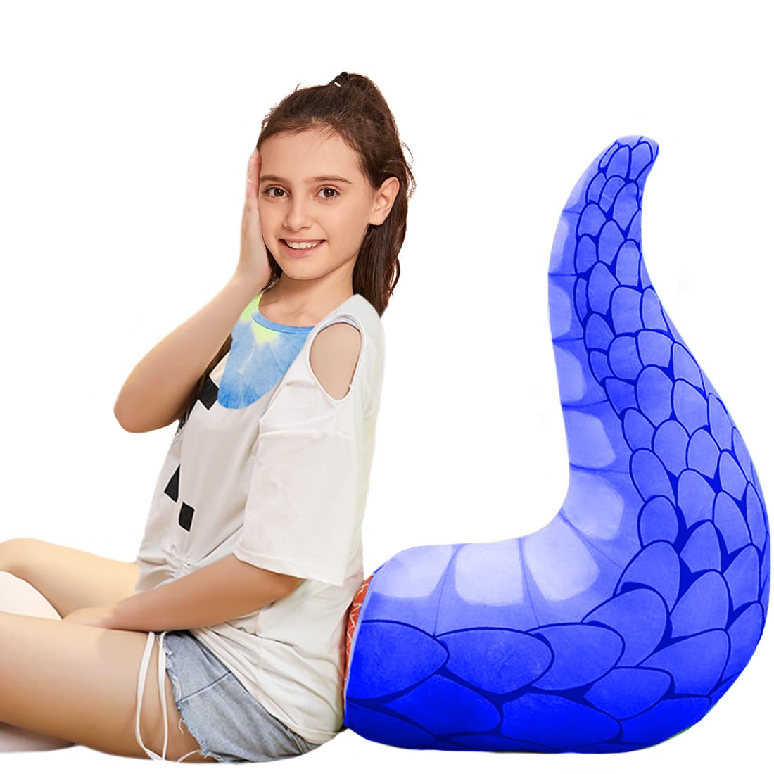 Elainren Ultra-Soft Blue Dragon Tail Plush Pillow Fluffy Dino Tail Shape Stuffed Cushion Big Dinosaur Neck Pillow Plushie Gifts/