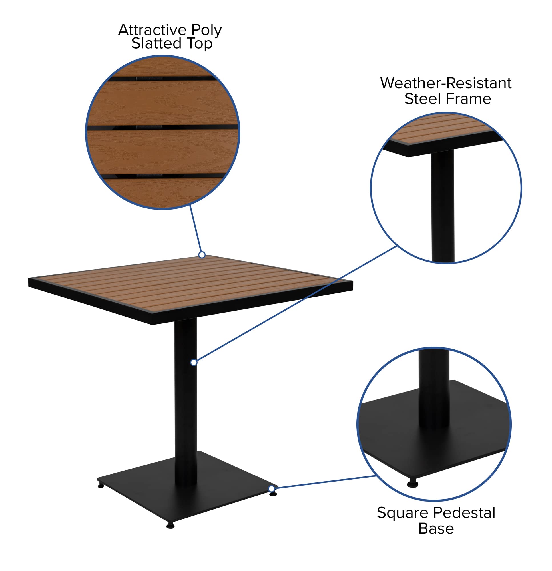 Flash Furniture 5 Piece Patio Dining Table Set - Indoor/Outdoor Black Steel Framed 30&quot; Square Faux Teak Table - 4 Stacking Club Chairs with Teak Accented Arms