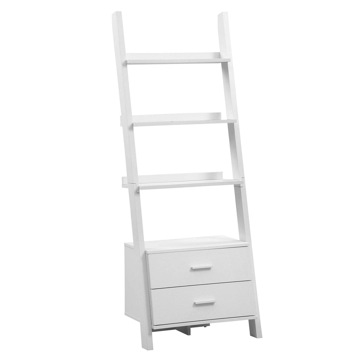 HomeRoots Particle Board,Hollow-CORE, Laminate, MDF Bookcase - 69' H/White Ladder with 2 Storage Drawers