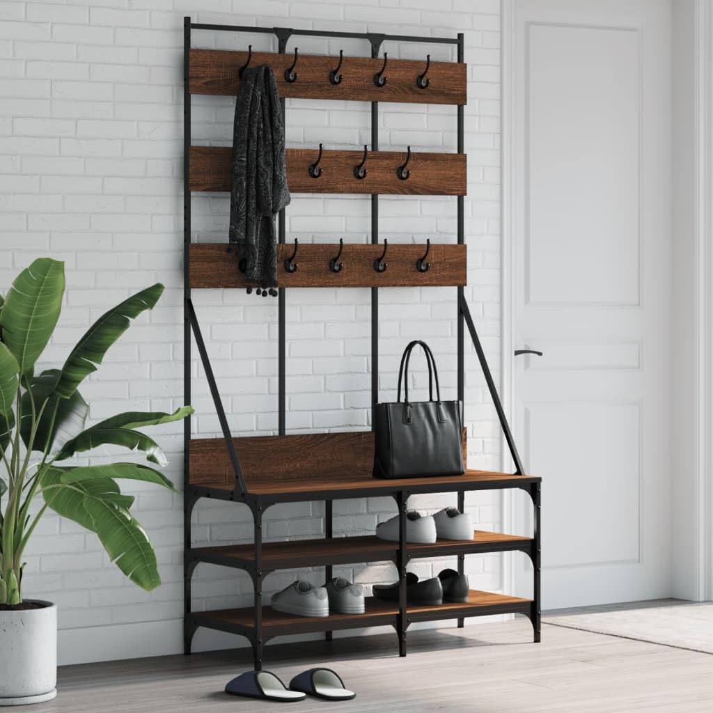 vidaXL Modern Clothes Rack with Shoe Storage - Durable Engineered Wood Coat Stand - Compact, Stylish Design - Brown Oak
