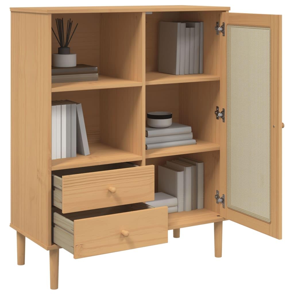 vidaXL Solid Wood Pine SENJA Highboard - Storage Cabinet with Drawers and Compartments - Brown Rattan Look - 35.4&quot;x15.7&quot;x44.1&quot;