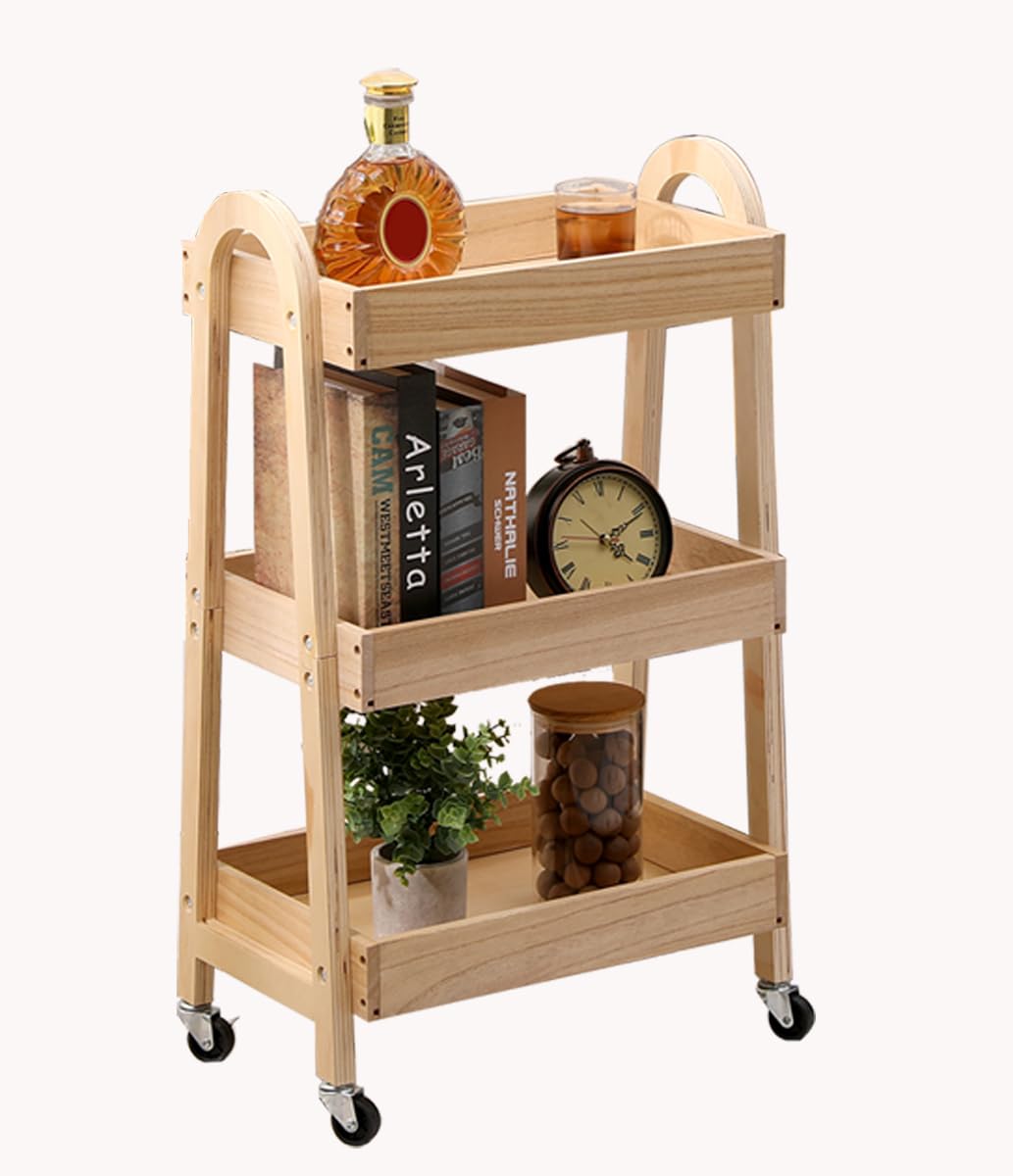 3-Tier Wooden Rolling Cart- Wooden Utility Cart Wit Wheels- Utility Rolling Cart-Storage Trolley Organizer- Rolling Kitchen Cart