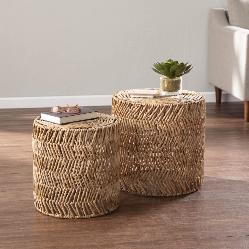 Set Of Two 18&quot; Natural Woven Rattan End Tables