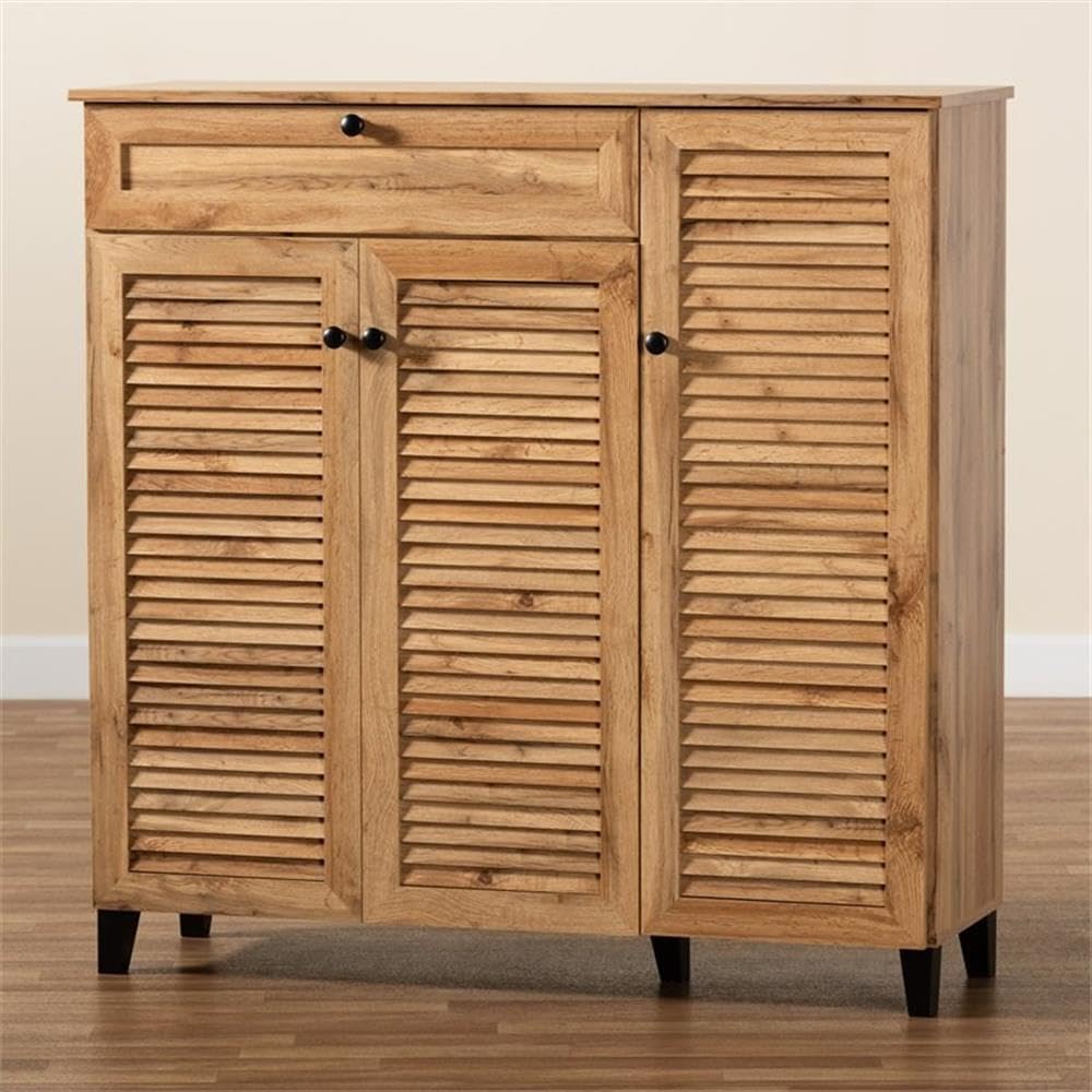 Baxton Studio Coolidge Modern and Contemporary Oak Brown Finished Wood 3-Door Shoe Storage Cabinet with Drawer