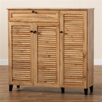 Baxton Studio Coolidge Modern and Contemporary Oak Brown Finished Wood 3-Door Shoe Storage Cabinet with Drawer
