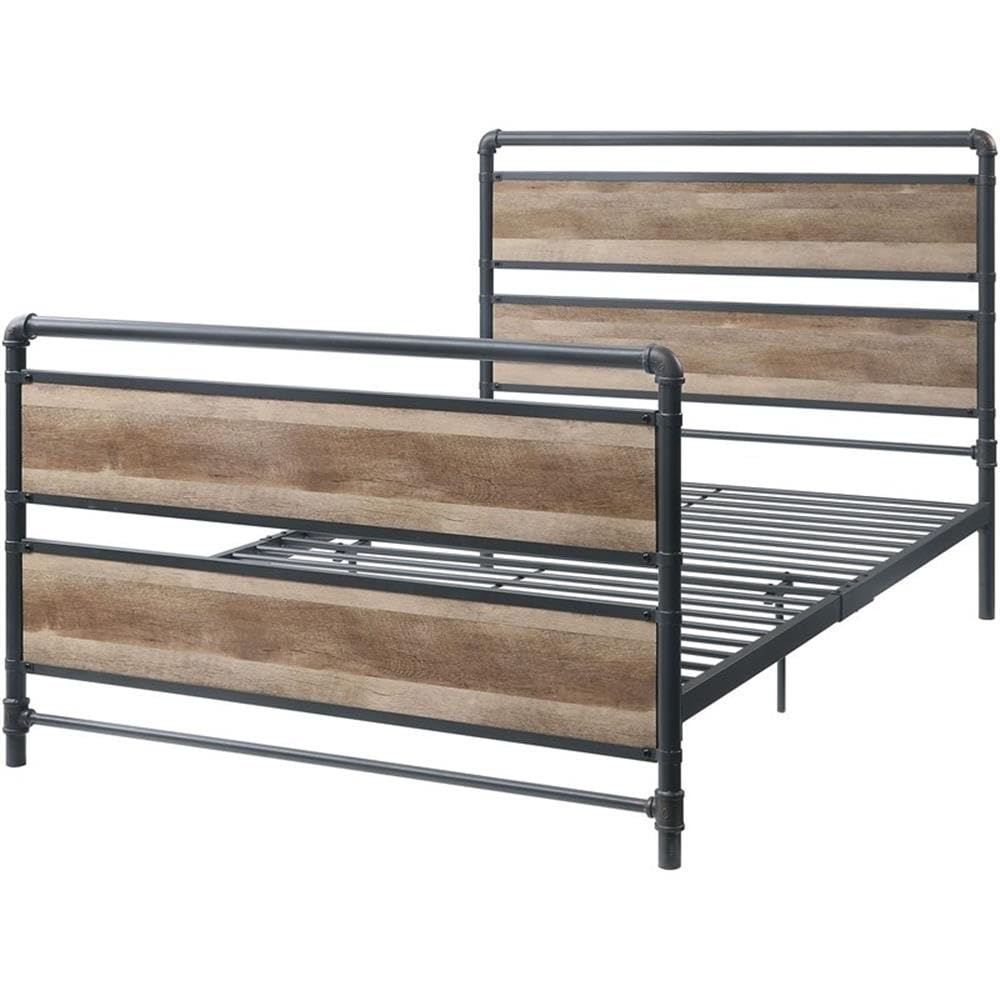 Acme Brantley Metal Full Bed with Wooden Headboard in Antique Oak and Sandy Gray