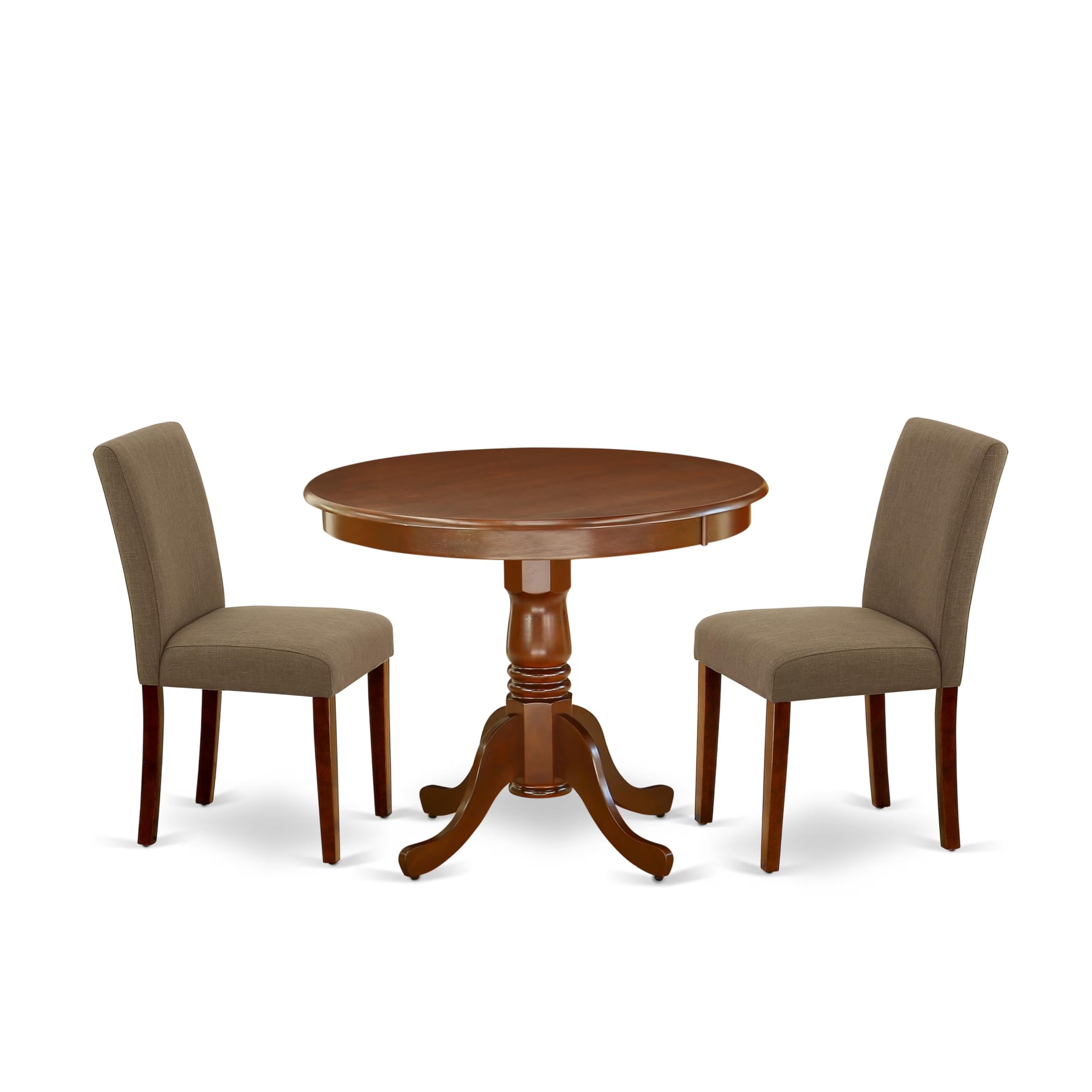East West Furniture Anab3-Mah-18 3 Piece Modern Dining Table Set Contains A Round Kitchen Table With Pedestal And 2 Coffee Linen Fabric Parson Dining Chairs, 36X36 Inch, Mahogany