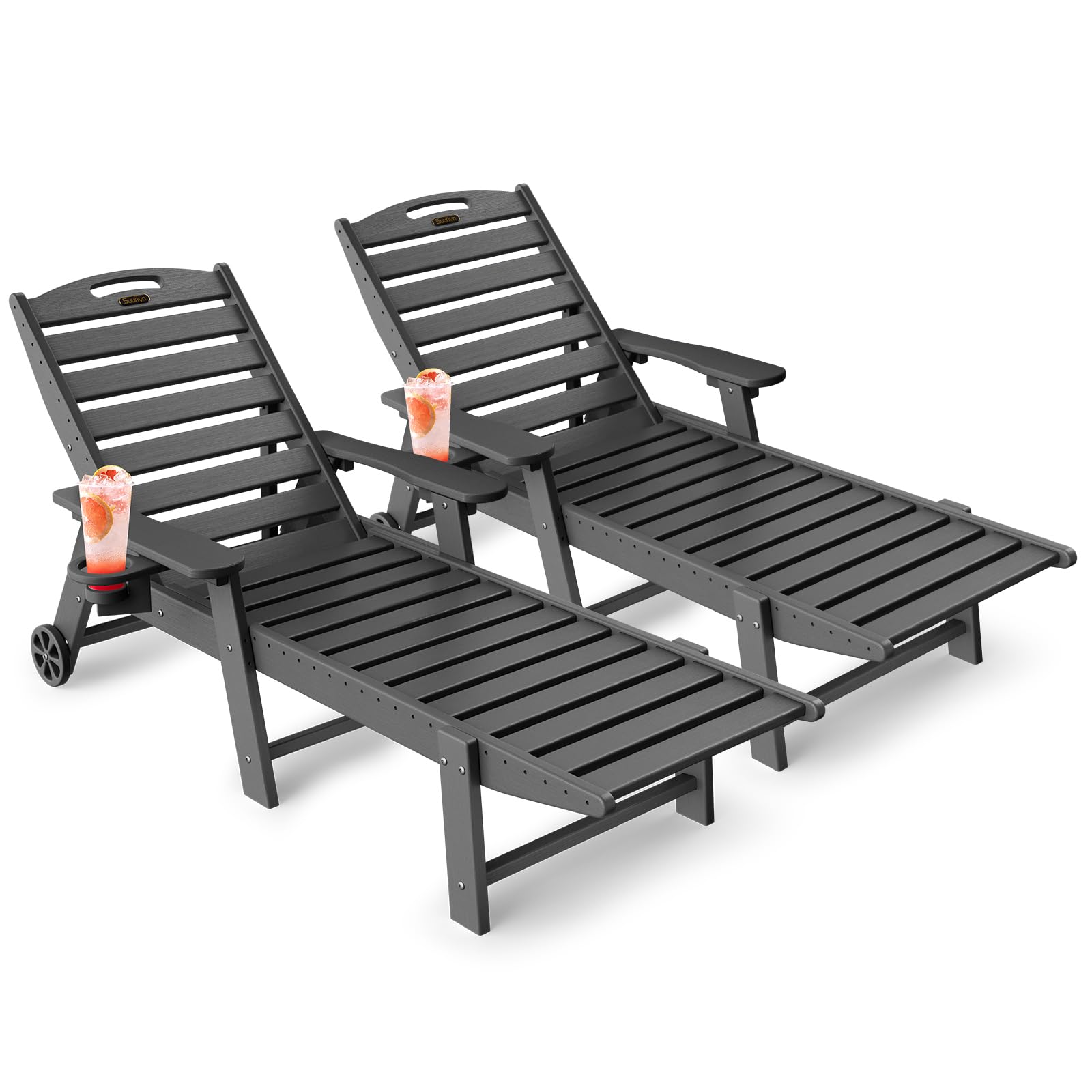SUUNYN Lounge Chair Outdoor Set of 2, HDPE Chaise Lounge Outdoor with 6-Position & Wheels &Cup Holder, Pool Lounge Chair for Poo