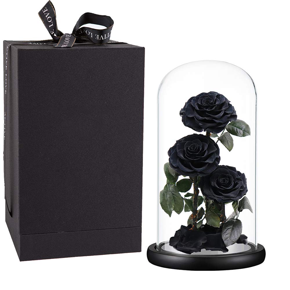 Preserved Roses Handmade Preserved Real Rose In Glass Dome, Black Roses Never Withered Gifts For Her, Valentine'S Day, Mother'S