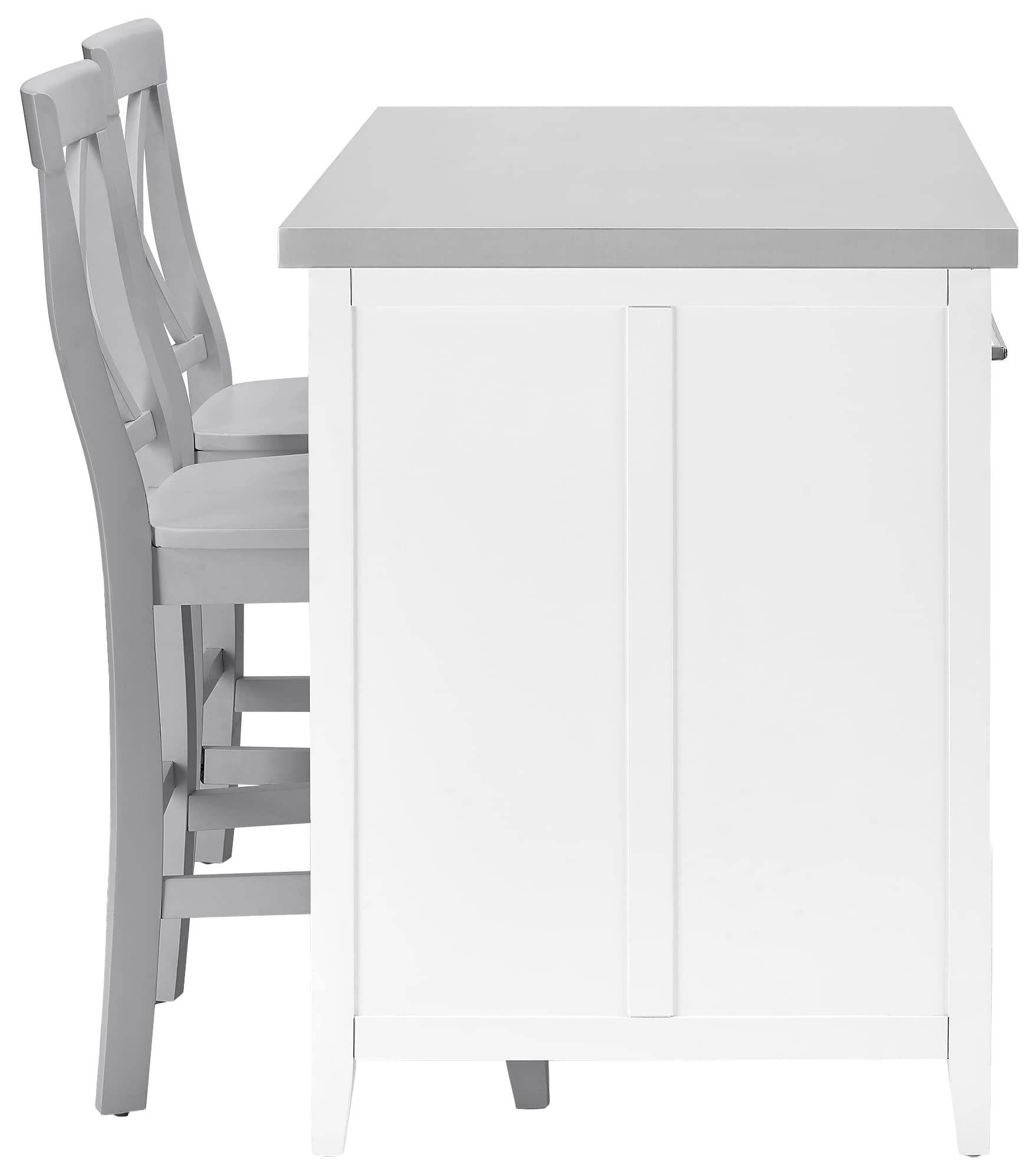 Crosley Furniture Silvia Stainless Steel Top Kitchen Island, Coffee Bar, with a Set of 2 X-Back Stools, White/Gray