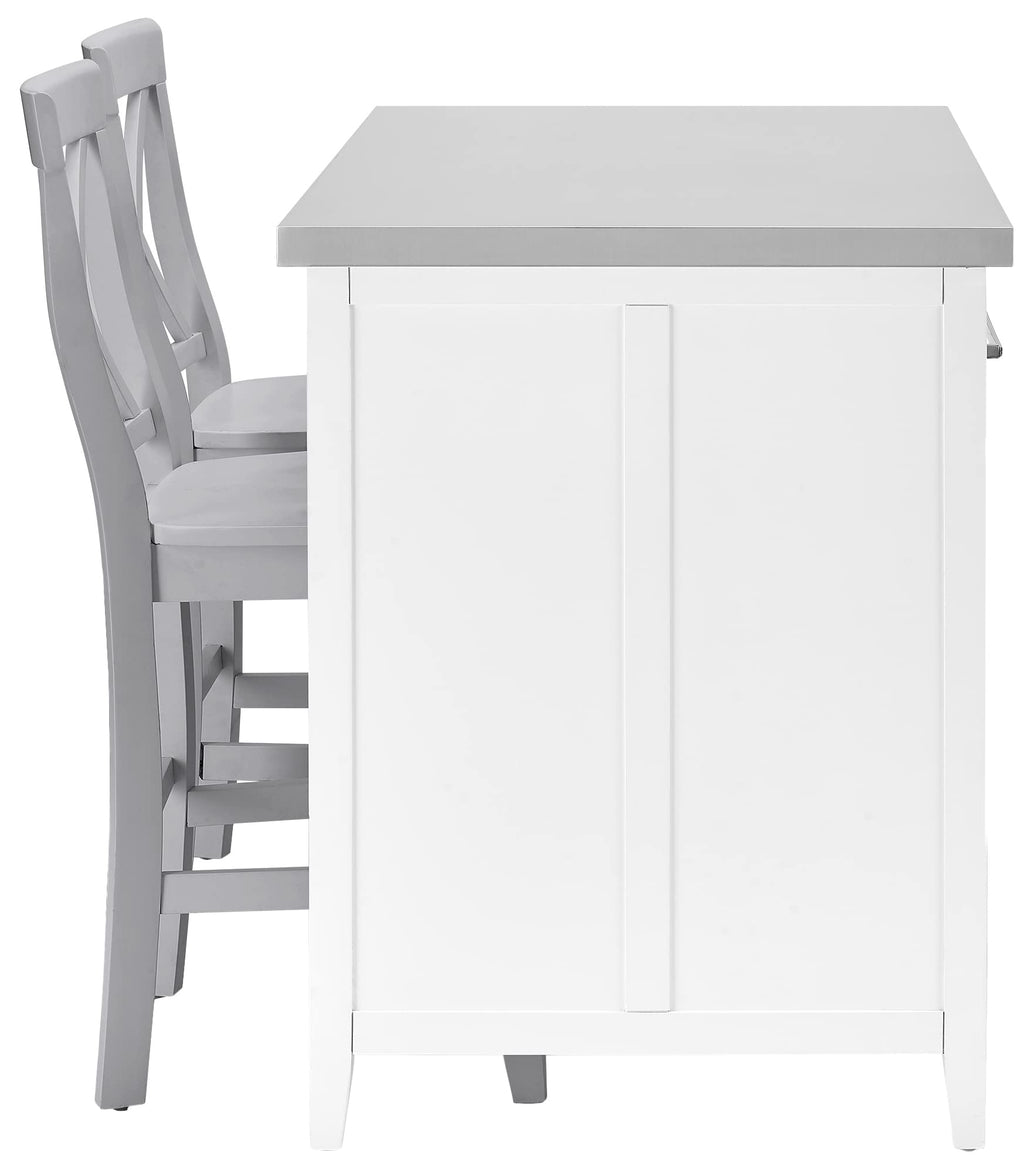Crosley Furniture Silvia Stainless Steel Top Kitchen Island, Coffee Bar, with a Set of 2 X-Back Stools, White/Gray