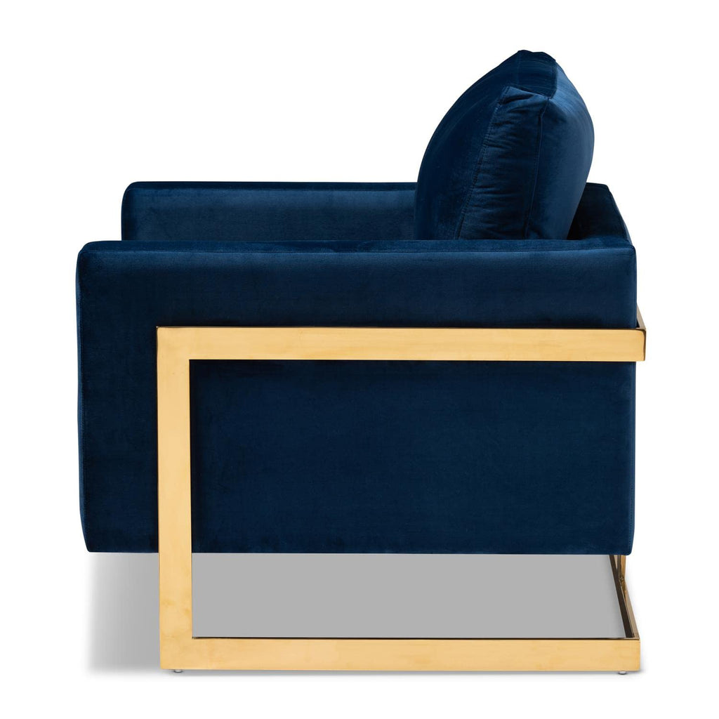 Baxton Studio Matteo Glam and Luxe Navy Blue Velvet Fabric Upholstered Gold Finished Armchair
