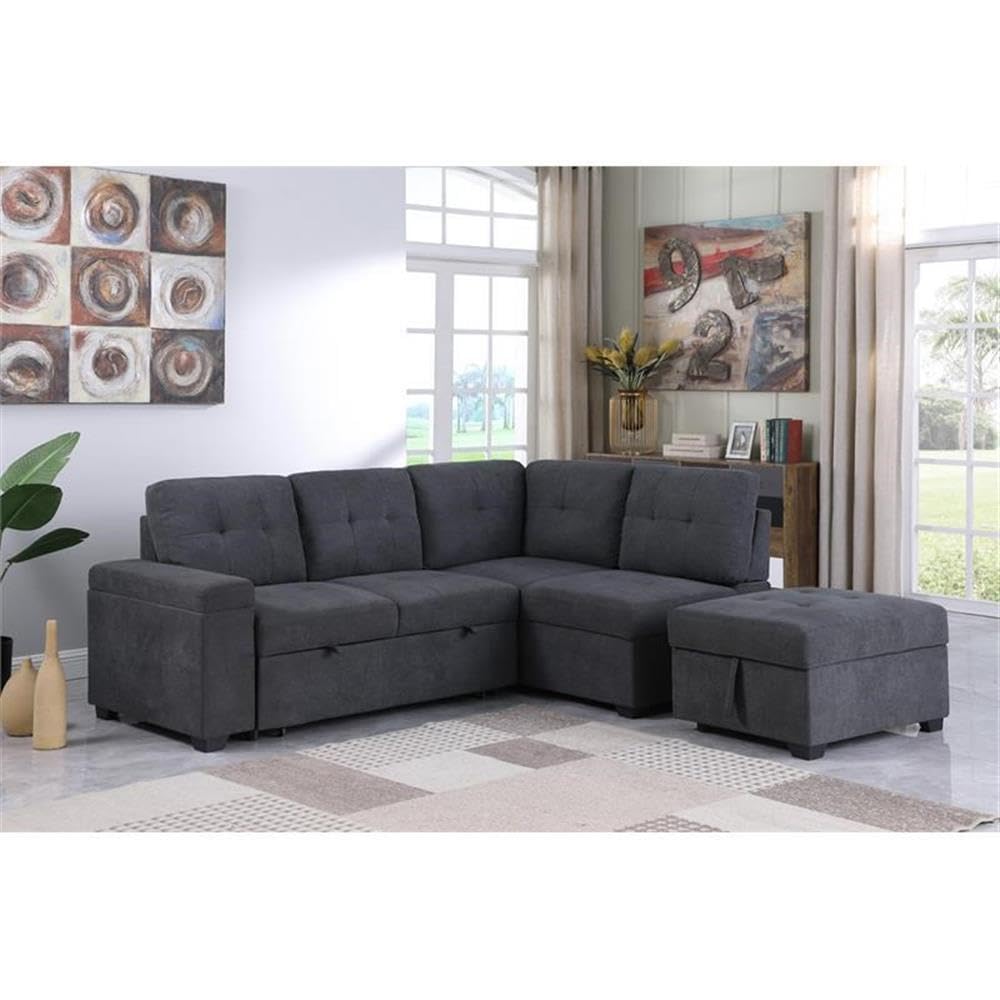 Lilola Home Sadie Dark Gray Woven Fabric Sleeper Sectional Sofa with Storage Ottoman, Storage Arm