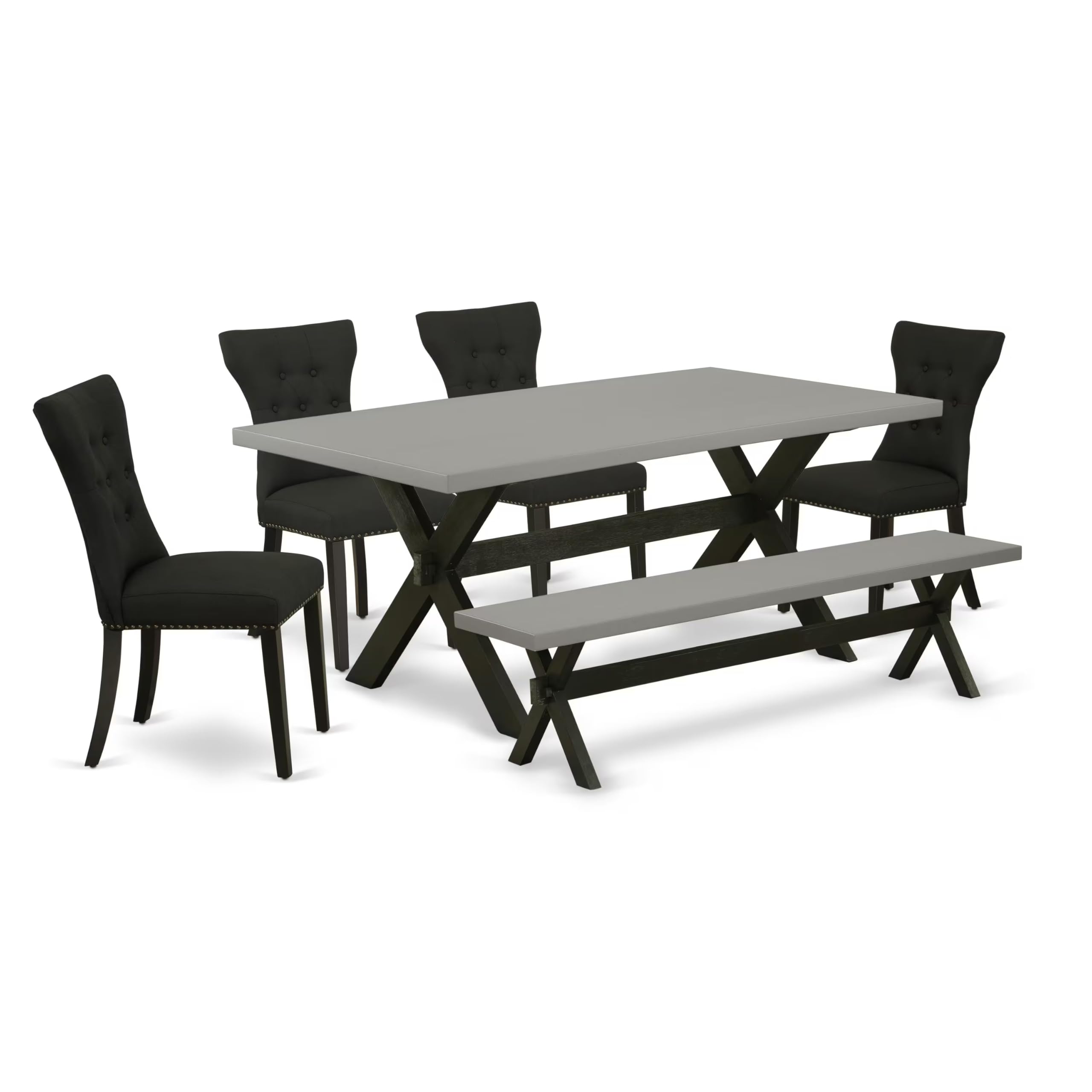 East West Furniture X697Ga124-6 6 Piece Dining Table Set Contains A Rectangle Wooden Table With X-Legs And 4 Black Linen Fabric Upholstered Chairs With A Bench, 40X72 Inch, Multi-Color